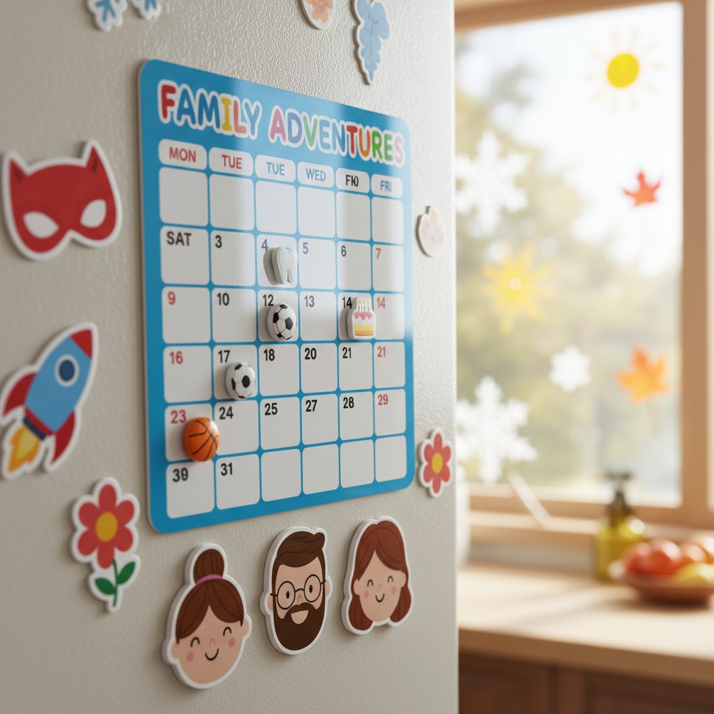 A wall calendar with a cartoon design, decorated with assorted stickers, including a rocket ship, a tooth, a cake, and flo...