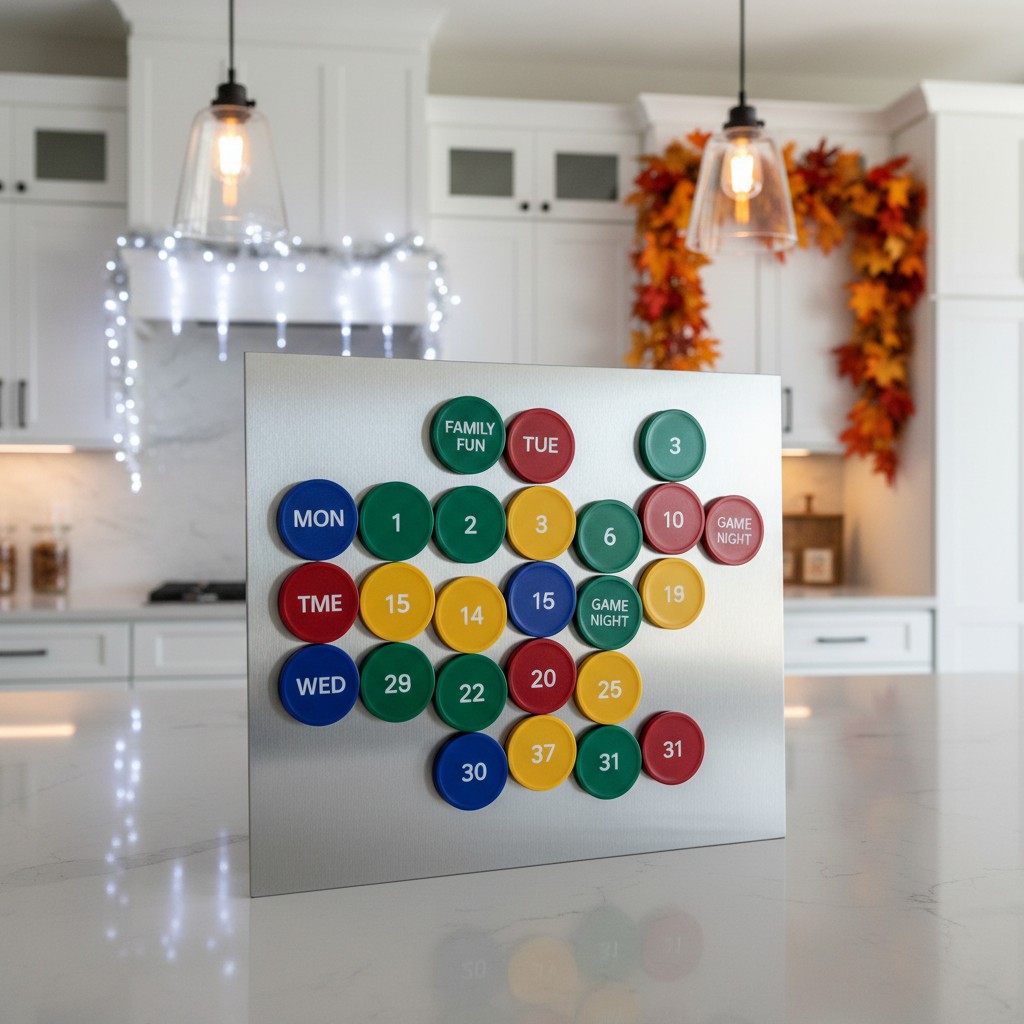 A calendar board with colored circles for each day, placed on a kitchen counter. The background features a modern kitchen ...