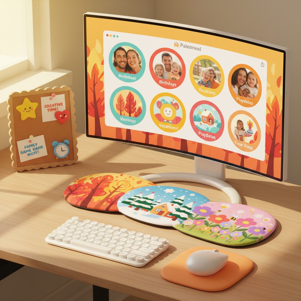 Here is the alt text for the image: Display of a Fall themed computer setup, desktop monitor featuring a Fall palate for t...