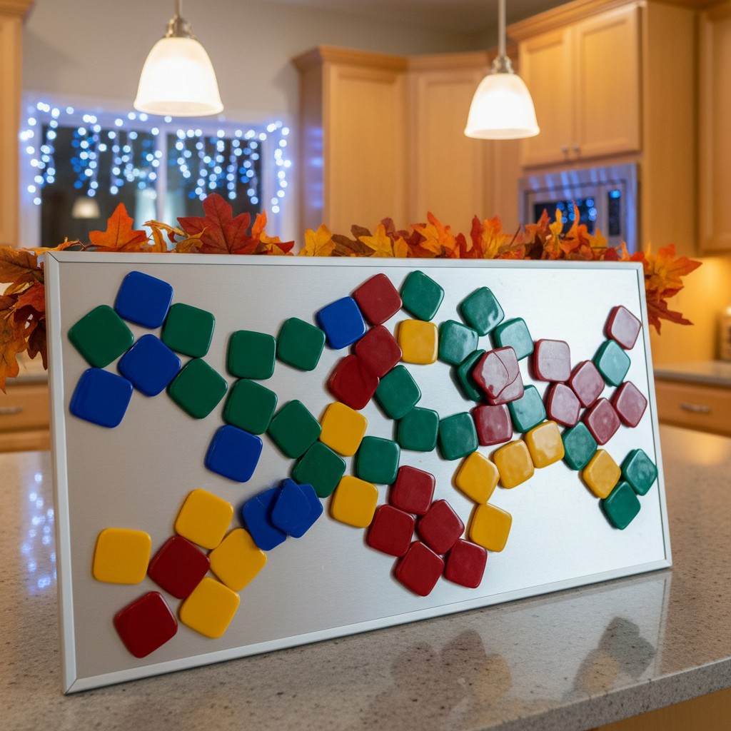 The image features a white magnetic board on a kitchen countertop, adorned with colorful plastic magnets.
