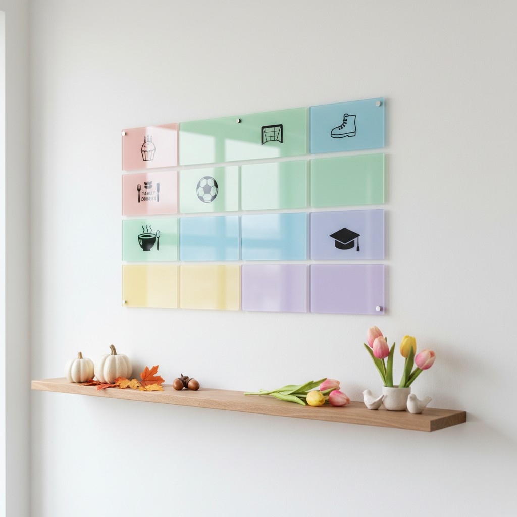 Shelves on a wall with framed pastel colored images and decorative fall decorations.